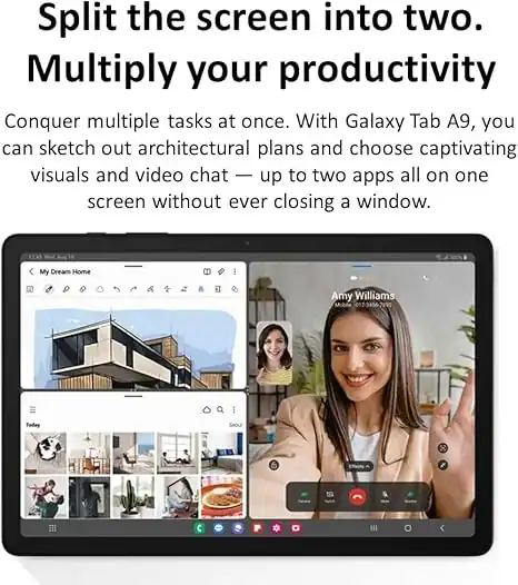 Split screen multitasking on Galaxy Tab A9 for enhanced productivity and seamless video chat; perfect for multitasking professionals and remote workers.